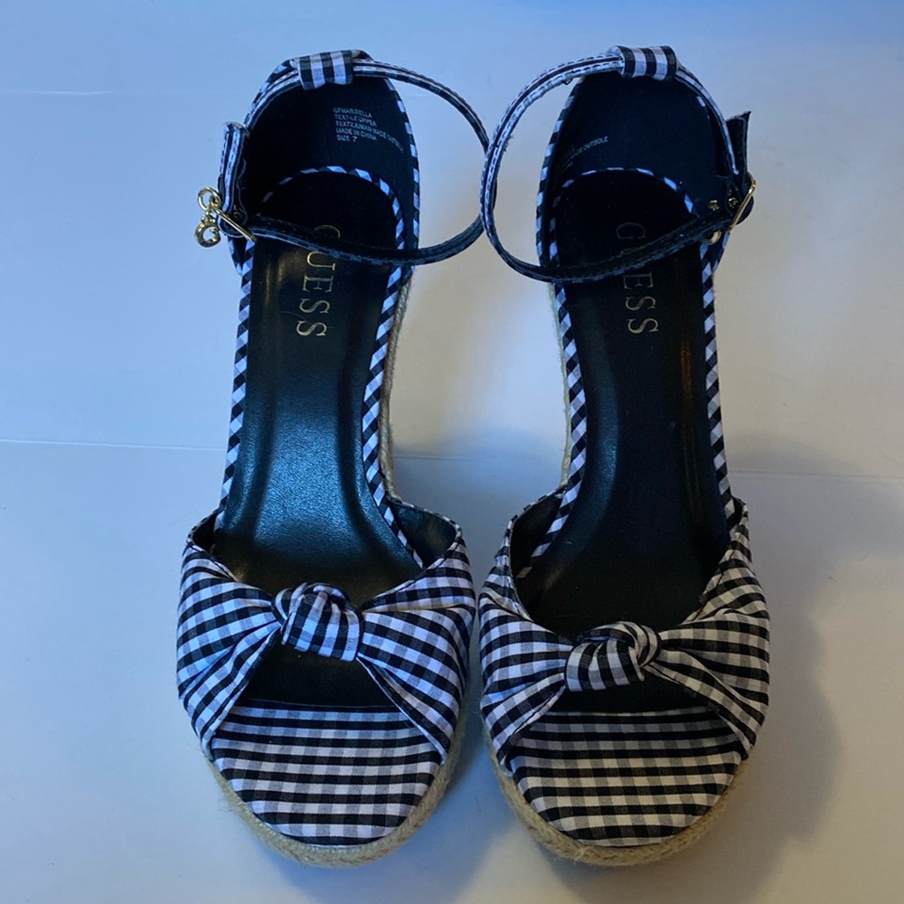 Guess Black and White Checkered Mirabella Wedges Size 7